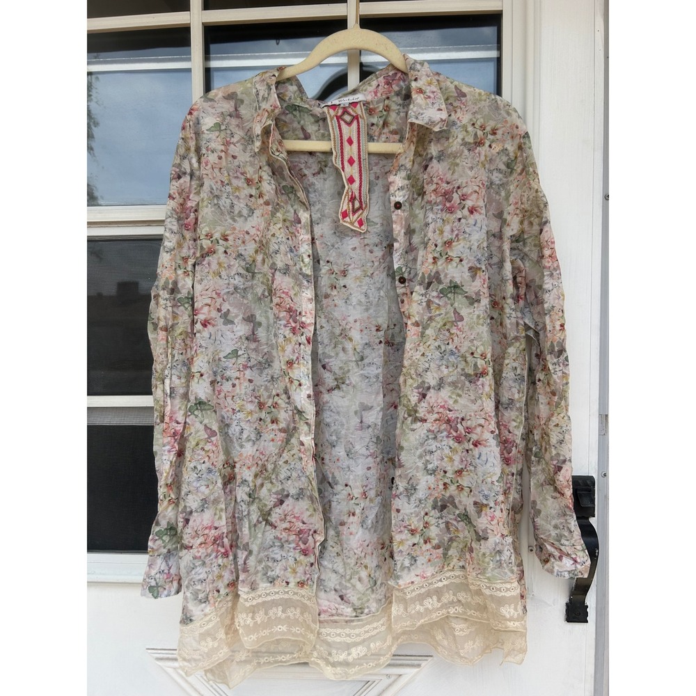 3J Workshop Johnny Was Floral Cotton Silk Lace Trim Button Down Shirt Large - Picture 14 of 14